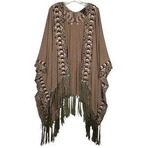 POL Taupe Fringe Poncho with Geo Embroidery